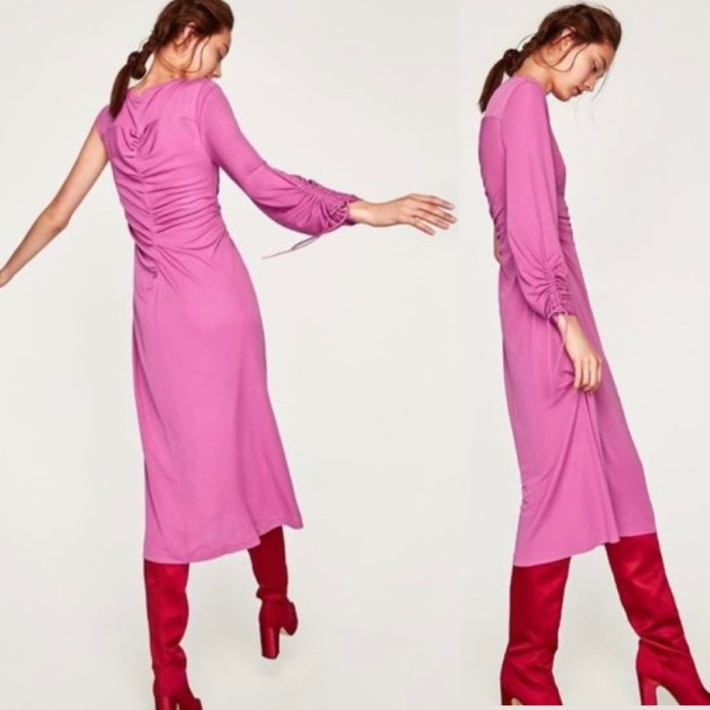 Zara Pink/Purple One Shoulder Gathered Midi Dress NWT